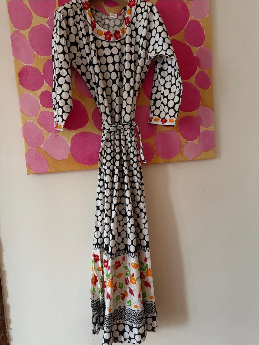 🧡 NWT Jackpot cotton Black & White Polka Dot Maxi Dress with Floral Border